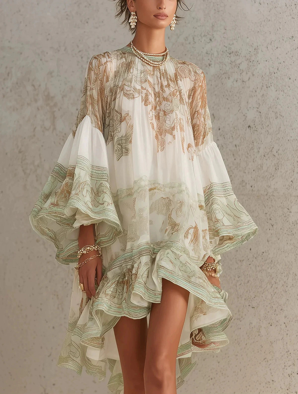 ZARA Vintage Print Flared Sleeve Ruffle Asymmetric Dress